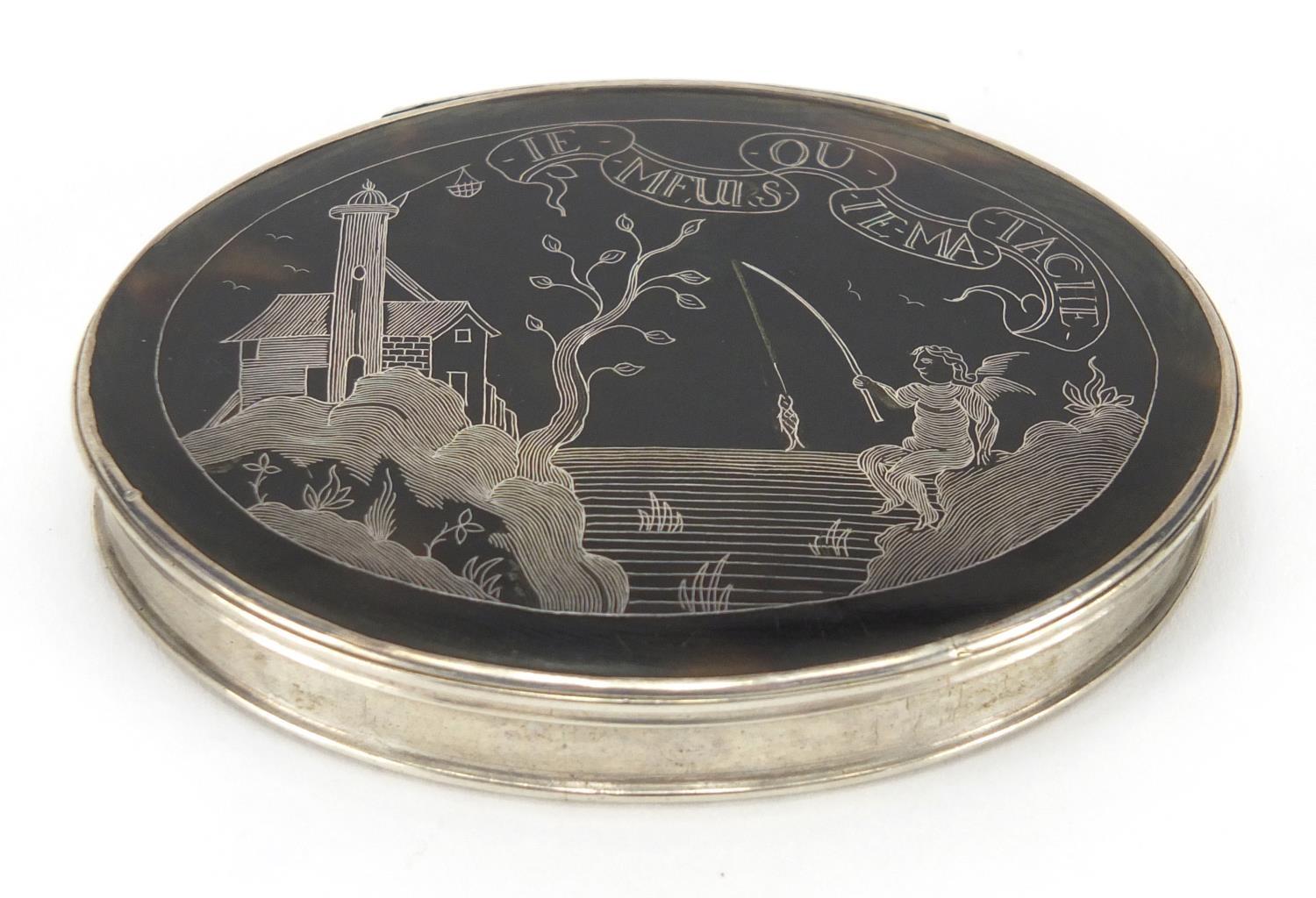 18th century oval silver and tortoiseshell snuff box, the hinged pique work lid decorated with a