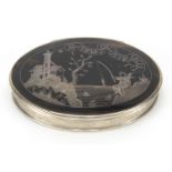 18th century oval silver and tortoiseshell snuff box, the hinged pique work lid decorated with a