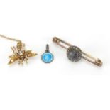 Unmarked gold Blue John and diamond bar brooch, a 15ct gold seed pearl fly brooch and a enamel