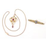 Art Nouveau 9ct gold pendant, set with a garnet and seed pearls on a 9ct gold necklace, together