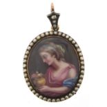 Unmarked gold, hand painted portrait pendant with seed pearl surround and diamond suspension loop,