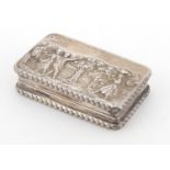 Rectangular silver snuff box, the hinged lid embossed with figures before a cottage, D M & S