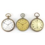 Three gentleman's open face pocket watches, silver cased The Canterbury English Lever, 800 grade