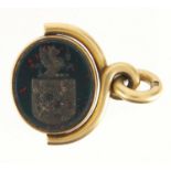 Victorian 18ct gold hard stone double seal spinner fob, 3cm in length, approximate weight 12.2g :