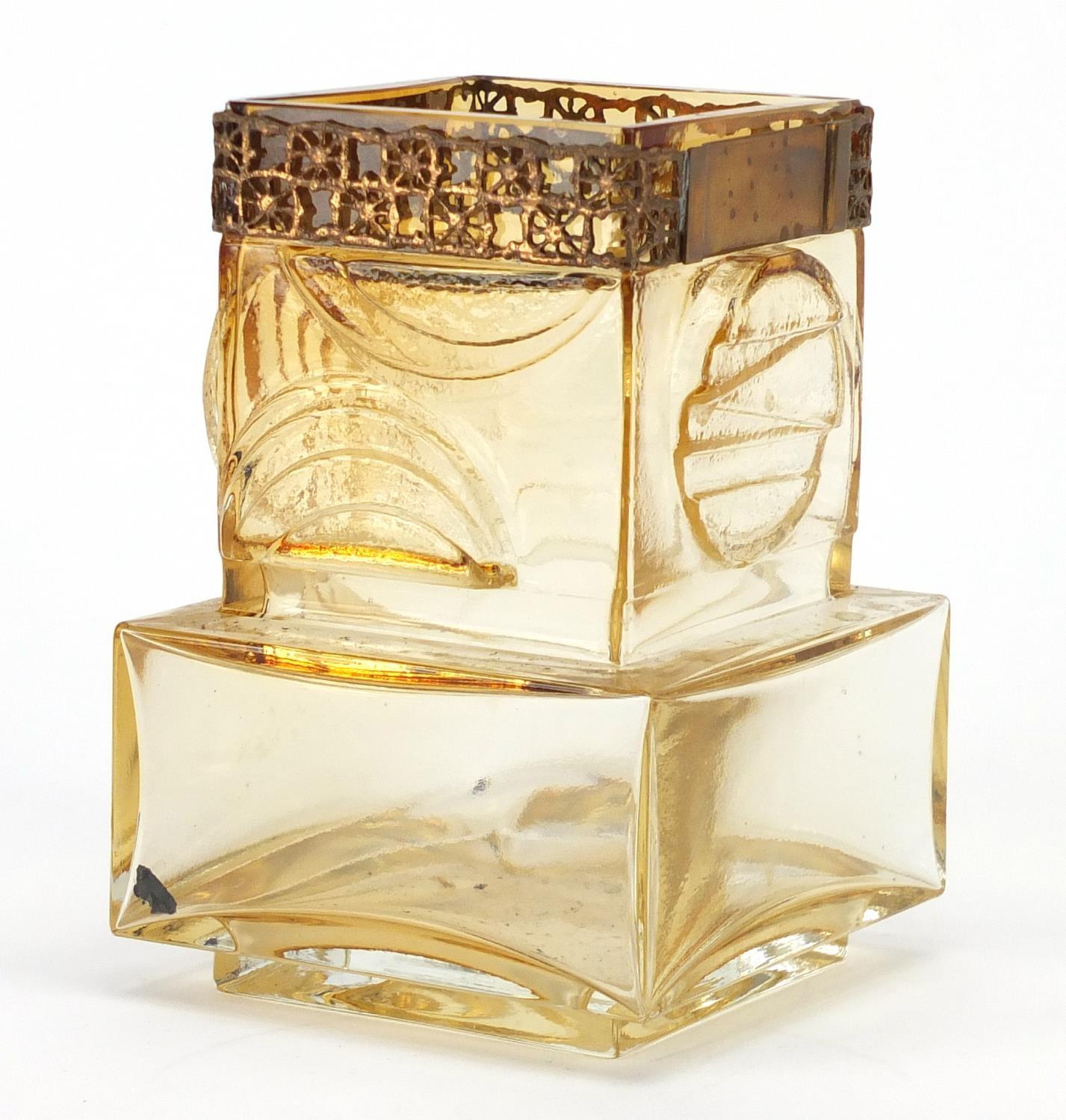 Art Deco amber art glass vase with gilt metal mounts in the style of Moser, etched marks to the - Image 2 of 5