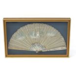 Victorian silk lace fan hand painted with a couple, the Mother of Pearl guards and sticks with