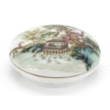 Chinese porcelain seal/rouge box, hand painted in the famille rose palette with river landscape, six