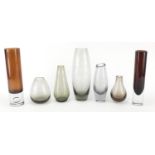 Seven art glass vases including Whitefriars, Holmegaard and Orrefors, the largest 24cm high : For