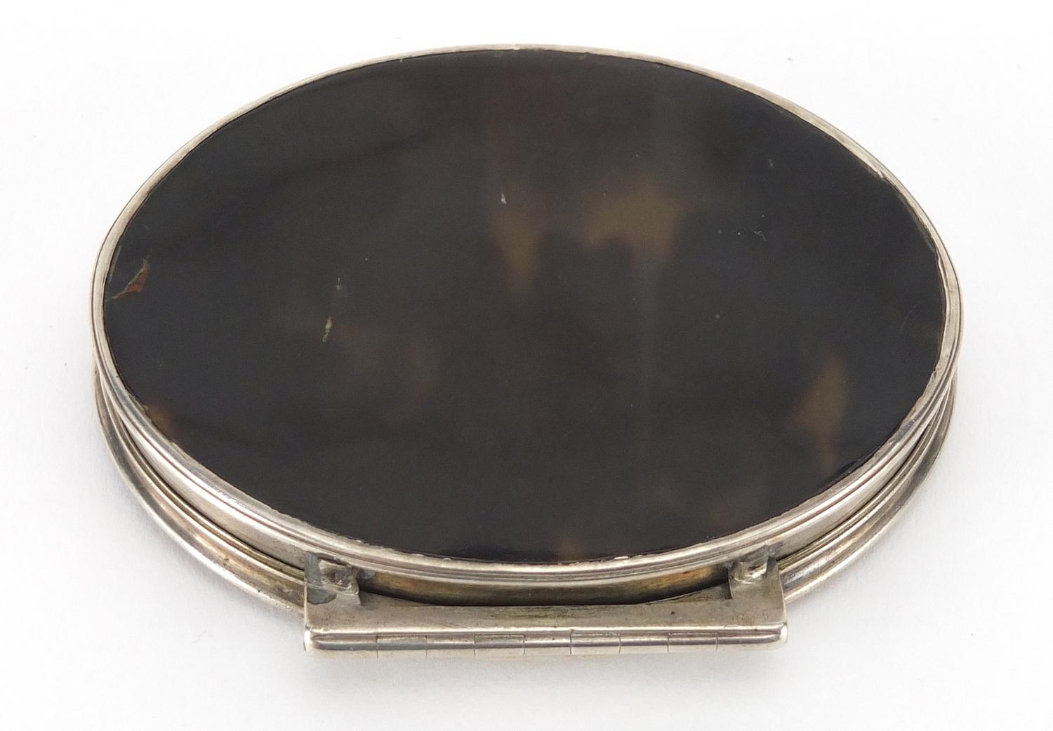 18th century oval silver and tortoiseshell snuff box, the hinged pique work lid decorated with a - Image 8 of 8