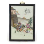 Rectangular Chinese porcelain panel, hand painted in the famille rose palette with warriors on