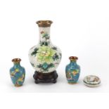 Oriental cloisonné including a pair of vases, enamelled with two dragons chasing the flaming