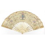 Early 19th century French fan hand painted with classical a urn and flowers, the bone sticks and