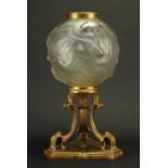 René Lalique frosted glass Poisson lamp on ormolu stand, moulded R Lalique to the base, overall 33cm