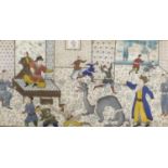 Indian Mughal school watercolour on panel, depicting figures dancing around a beast, housed in a