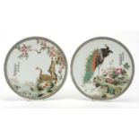 Pair of Chinese porcelain footed plates, each hand painted in the famille rose palette with birds of