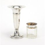 Silver pedestal vase of tapering form and a cut glass jar with silver and tortoiseshell lid, the