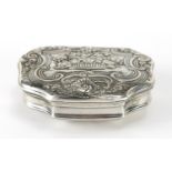 18th century continental unmarked silver snuff box with gilt interior, the hinged lid cast with