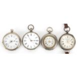 Four ladies silver open face pocket watches, two with engraved decoration including a John Masters