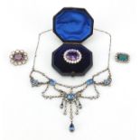 Vintage paste jewellery, three brooches and an unmarked silver necklace, 36cm in length : For