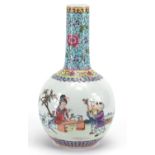 Chinese porcelain bottle vase, hand painted in the famille rose palette with children and a female