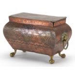 18th century copper sarcophagus tobacco box, with brass lion head ring turned handles, the hinged