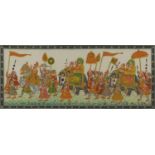 Indian Mughal school watercolour and gold leaf, depicting a procession with figures, mounted and