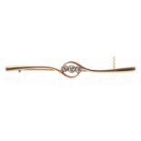 15ct gold diamond three stone bar brooch, 6.5cm in length, approximate weight 3.7g : For further