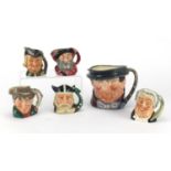 Six Royal Doulton Toby jugs including a large Tony Weller, the largest 14cm high : For further