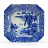Chinese blue and white porcelain square footed dish, hand painted with a river landscape, four
