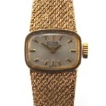 Ladies 9ct gold Cyma wristwatch with 9ct gold strap, approximate weight 27.0g : For further