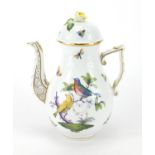 Herend of Hungary coffee pot hand painted with birds and insects, numbered to the base, 23.5cm
