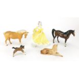 Collectable china, three Beswick horses, Royal Doulton figurine Ninette HN2379 and a Sylvac foal,