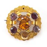 Scottish unmarked gold brooch set with semi precious stones including citrine, amethyst and smoky