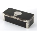 18th century rectangular tortoiseshell snuff box with silver mounts, the hinged lid with silver