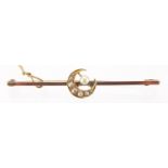 Unmarked gold seed pearl moon crest bar brooch, 5.5cm in length, approximate weight 2.9g : For