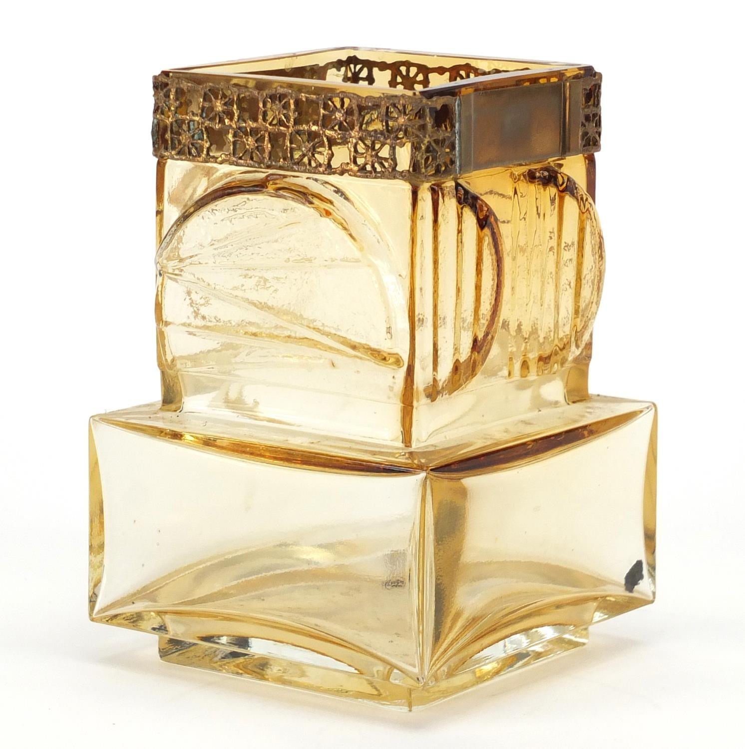 Art Deco amber art glass vase with gilt metal mounts in the style of Moser, etched marks to the