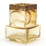 Art Deco amber art glass vase with gilt metal mounts in the style of Moser, etched marks to the