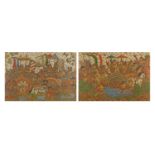 Pair of Asian painting on silks, each depicting a procession with figures, mounted and framed,