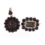 Victorian gold coloured metal amethyst and seed pearl mourning brooch, together with a garnet