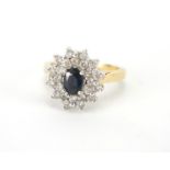 18ct gold sapphire and diamond cluster ring, size T, approximate weight 7.6g : For further Condition