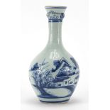 Chinese porcelain bottle vase with flared rim, hand painted with a continuous river landscape,