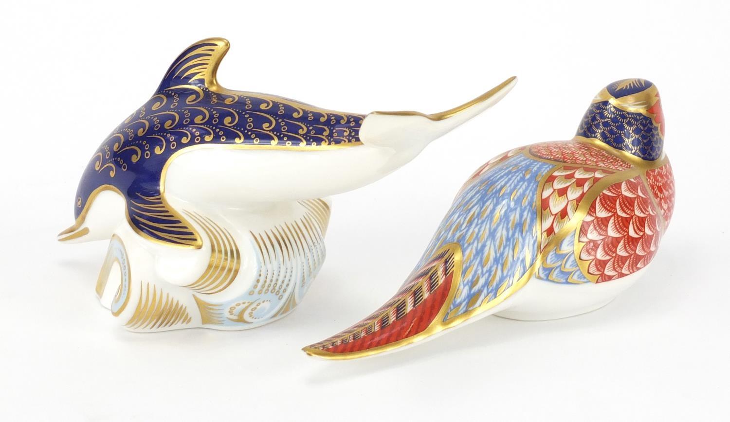 Two Royal Crown Derby paperweights with gold coloured stoppers, dolphin and pheasant, the largest - Image 2 of 4