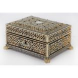 Rectangular Vizagapatam ivory and blonde tortoiseshell casket with paw feet, the ivory with floral