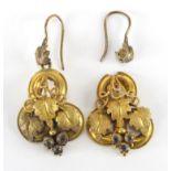 Pair of antique unmarked gold grapevine earrings, set with clear stones, 4cm in length,