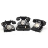 Three vintage black Bakelite telephones including two of pyramid design, one set NO 44 NK2 the