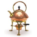 Arts & Crafts Secessionist copper and brass teapot on stand with burner, overall 29cm high : For