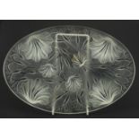 French Art Deco oval glass stand by Veryls, relief moulded with sea scallops, 30cm x 20cm : For