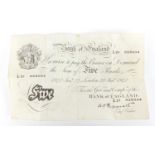 Bank of England 1947 white five pound note, serial number L210 : For further Condition Reports