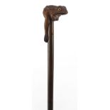 Bamboo walking stick with carved frog pommel having an open-close mouth, 90cm in length : For