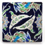 Square Islamic Iznik pottery tile, hand painted with flowers, 24.5cm x 24.5cm : For further